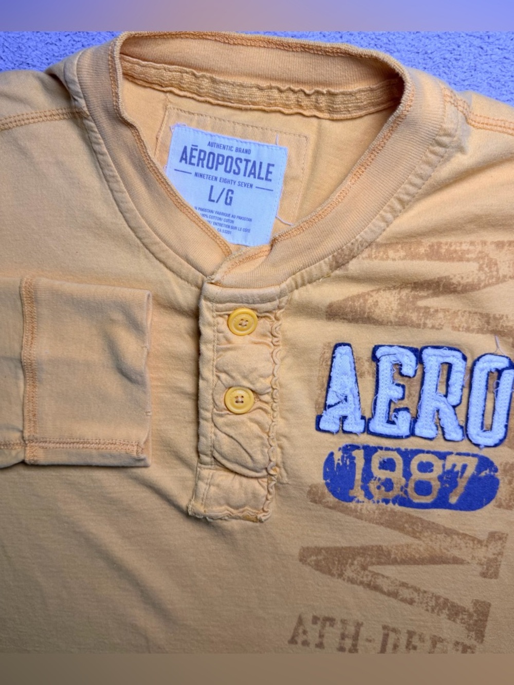 Aeropostale Henley Shirt Mens Large Yellow Embroidered Aero 1987 Long Sleeve Y2K